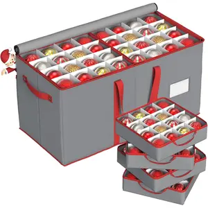 Christmas Ornament Storage Box with 8 Trays, Christmas Storage Container for 128-3'' Holiday Ornament Decorations, Large Xmas Organizer with Adjustable Dividers, Dual Zipper and Pocket (Grey)