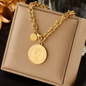 Vintage Gold Plated Vintage Portrait Medallion Necklace with Keychain, Punk Style for Women