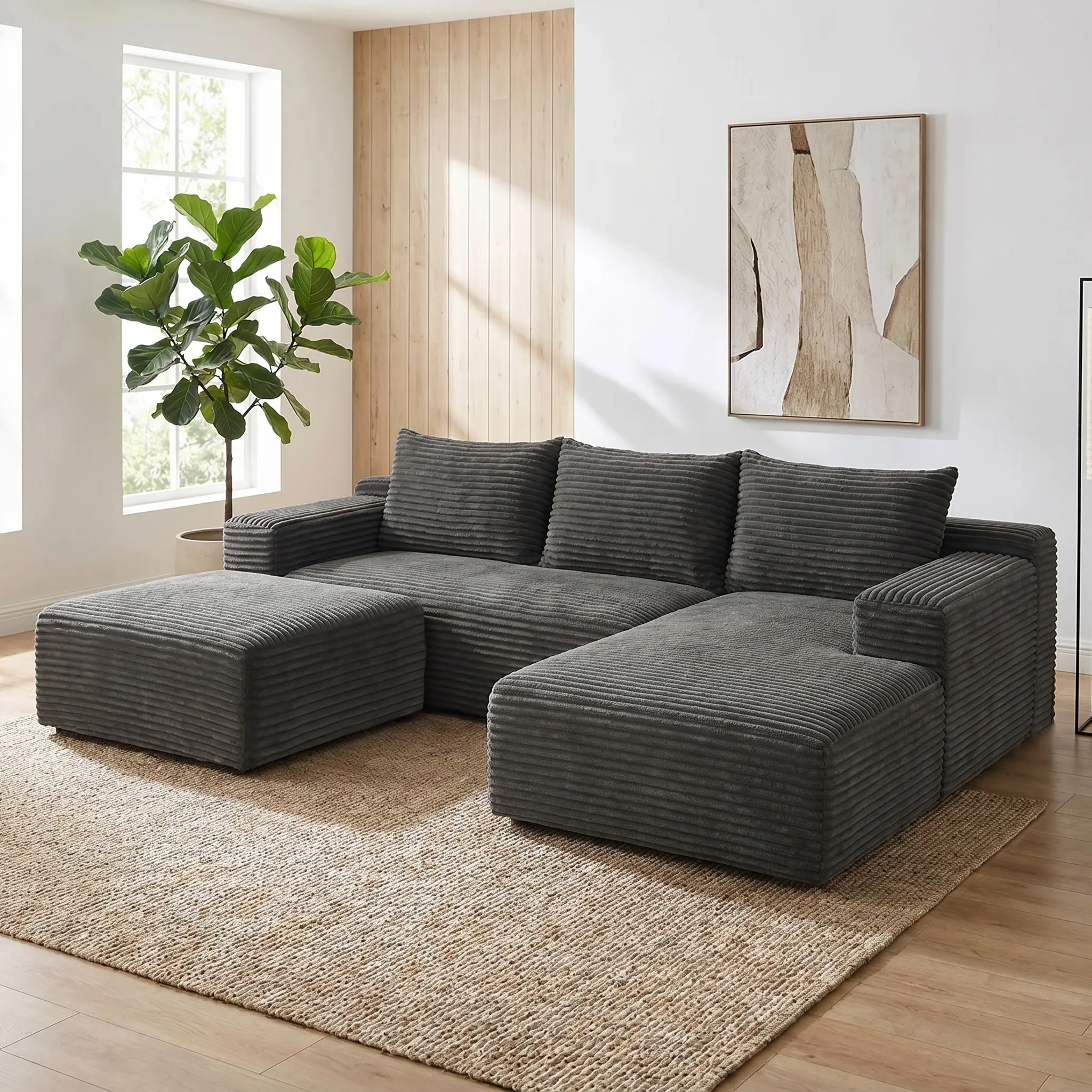 Left-Facing L-Shaped Corner Sectional Sofa - Gray Luxury Corduroy Modular Unit, Convertible Sleeper Couch, Dual Footrests, Storage, Assembly Required, Children-Friendly Fabric Couch for Large Indoor Spaces
