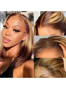 180% Density 13x4 Highlight Ombre Full Lace Frontal Bob Wig Human Hair 12A Brazilian Virgin Human Hair Pre Plucked 4/27 Honey Blonde HD Transparent Lace Glueless Wigs Human Hair