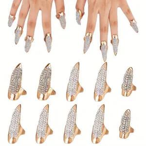 10pcs/ Bag Alloy Women Finger Nail Rings With Rhinestone Nail Cover Ring Nail Art Charm Finger Decoration Claw Light Golden 32~48x15~20mm