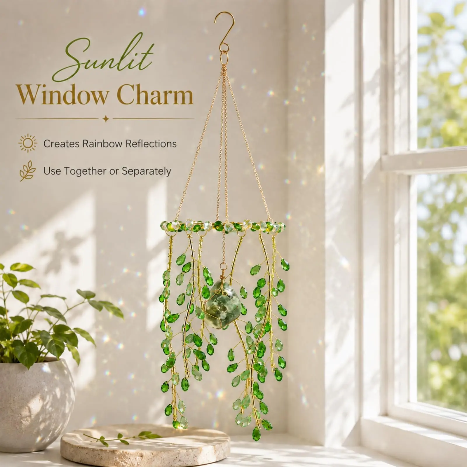 Plant Crystal Rainbow Sun Catcher window hanging,Beaded plant artificial crystal sun catcaher, 1 colorful hangingornament, home living room bedroom ornament, outdoor wind chime, holiday and  Light Hangable Hanger Decoration Green