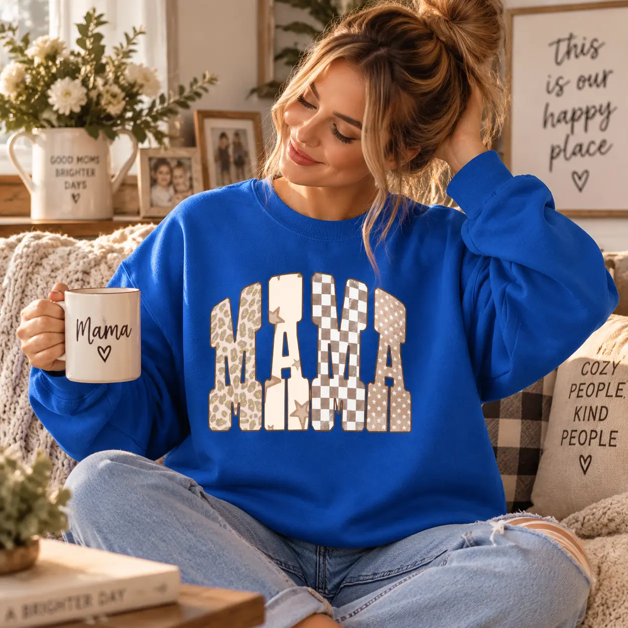 Mama Retro Pattern Sweatshirt, Patchwork Mama Graphic Crewneck, Leopard Checkered Star Print Pullover, Irish Green Mom Sweatshirt, Cozy Fall Winter Gift for Mama Mothers Day -DF