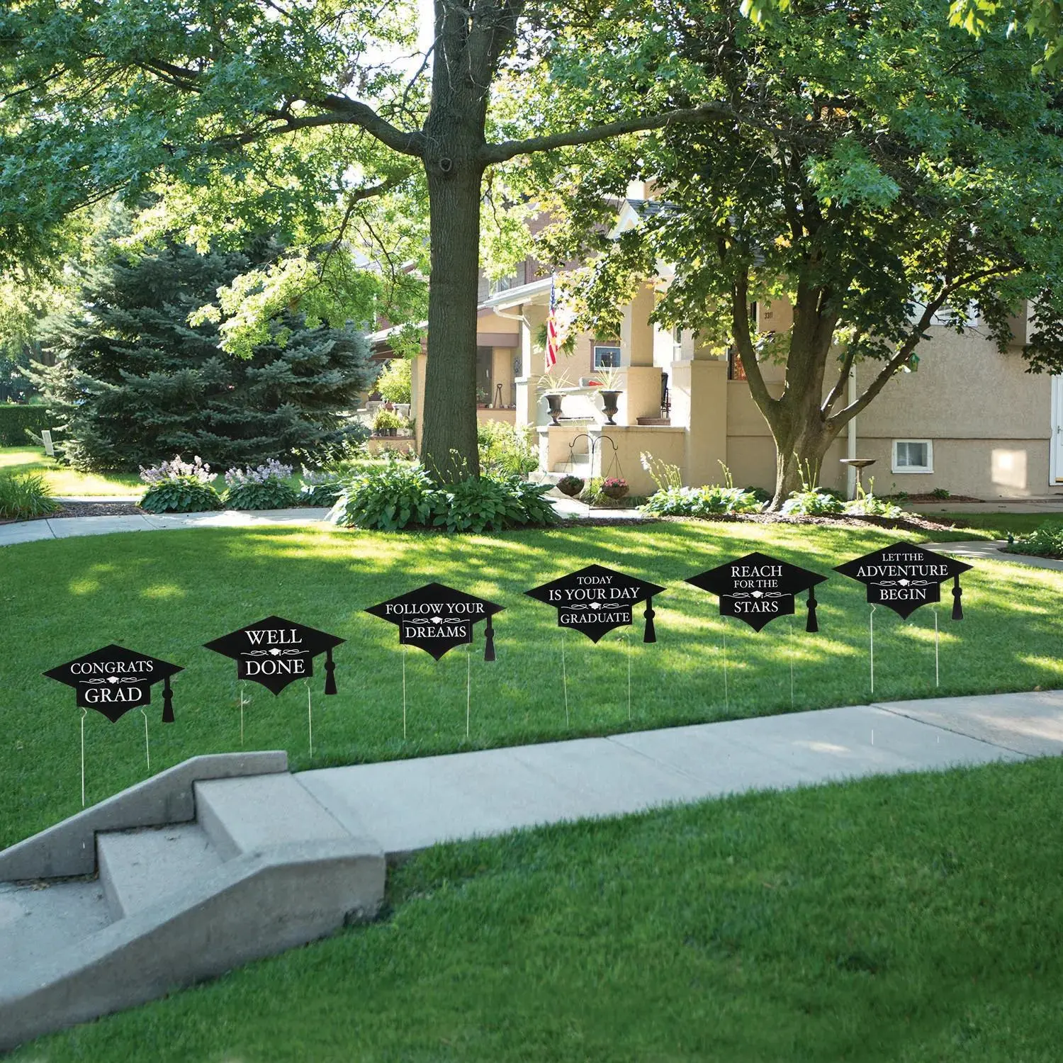 Black Corrugated Plastic Graduation Cap Decor Yard Signs - 17.5"x9.5", 6-Pc, Easy Install, High School, Hanging, No Assembly Required Sidewalk Decor