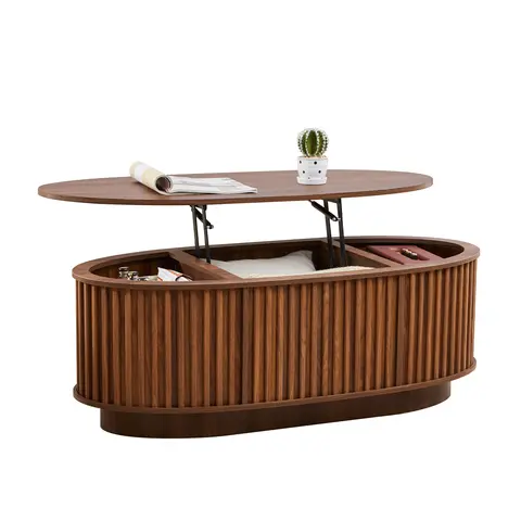 Giratree Lift Top Oval Coffee Table with Hidden Storage, 43.3'' Fluted Center Table with Lift-Up Desk Function, Mid-Century Modern Wooden Coffee Table for Living Room or Office