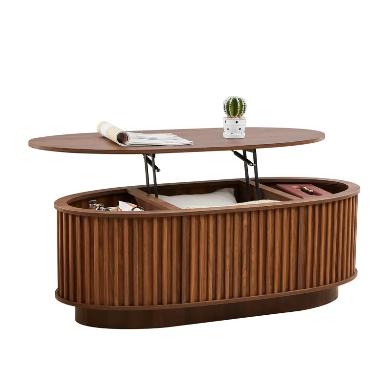 Giratree Lift Top Oval Coffee Table with Hidden Storage, 43.3'' Fluted Center Table with Lift-Up Desk Function, Mid-Century Modern Wooden Coffee Table for Living Room or Office