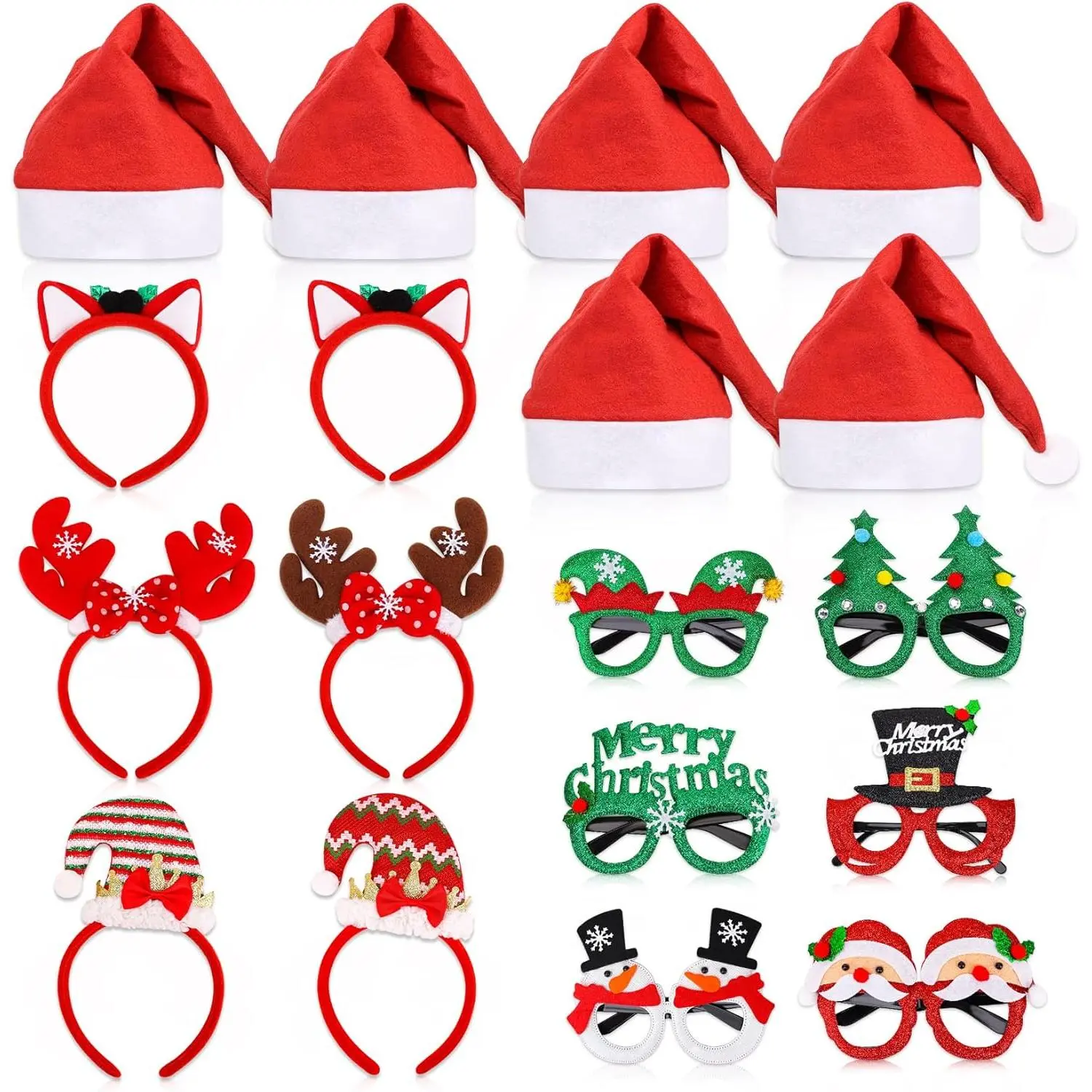 18 Pcs Christmas Fashion & Hair Accessories Set - Cloth Bows, Fabric Glitter Eyeglass Frames, Headbands, Santa Hats, Plastic Photo Booth Props for Kids, Holiday Party Decor, Animal Styles, Reusable, One Size Fit, Animals