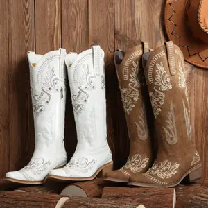 【Rodeo Boots】Pasuvo Women's White Embroidered Western Cowboy Boots - Vintage Floral Stitching, Classic Pointed Toe, Stacked Heel, Perfect for Country Style, Festivals, and Everyday Fashion Footwear