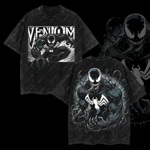 Superstyle Black Suit Spidey Symbiote MCU Comic Double Printed Oversize Lightweight Acid Washed Tee TV Series Graphic Top Cotton Streetwear T-Shirt