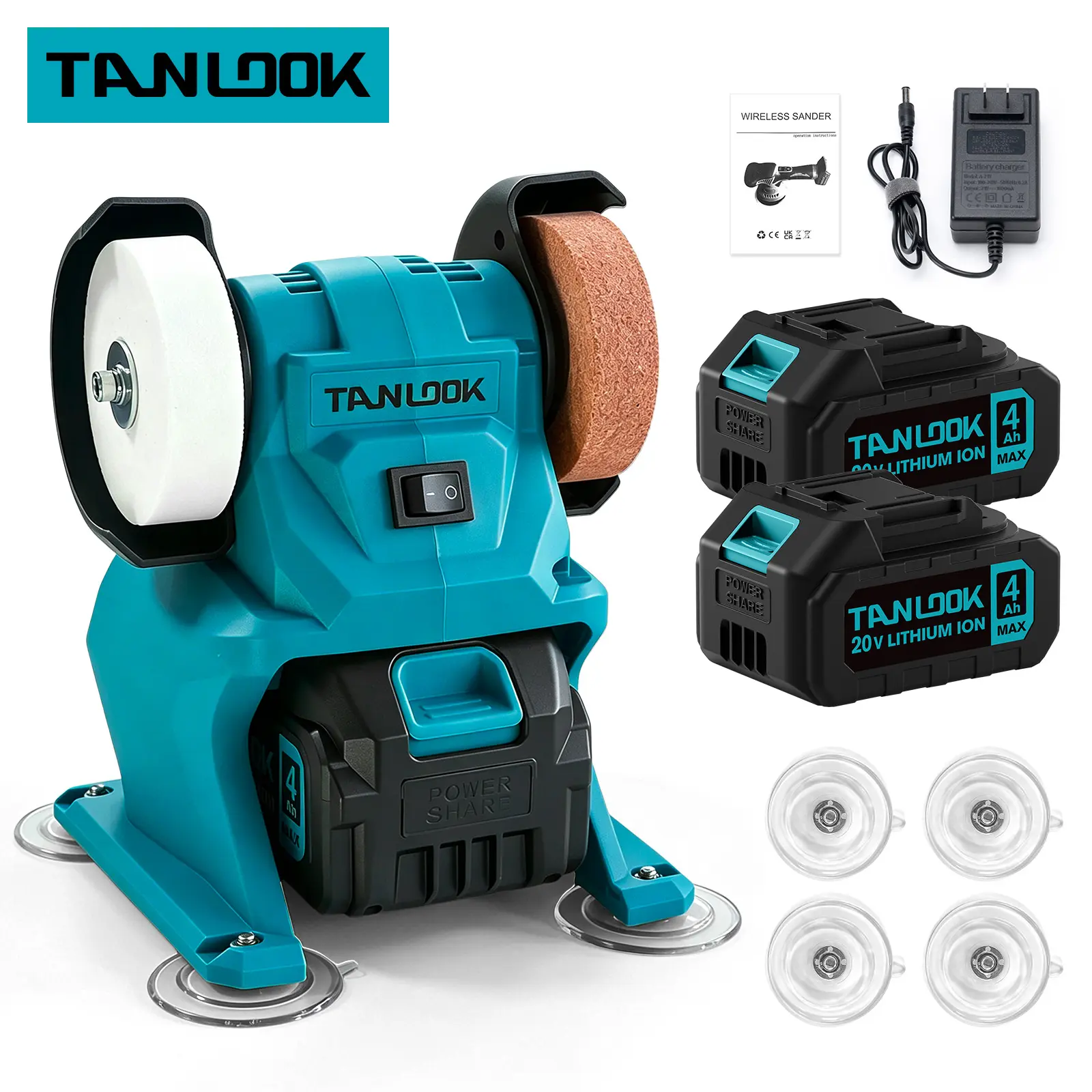 Tanlook Wireless Cordless Bench Grinder - Rechargeable Table Machine with Battery & Charger, Dual Wheels for DIY Enthusiasts, Effortless Grinding with Power for Drill, Metal Polishing Needs (Versatile Use)