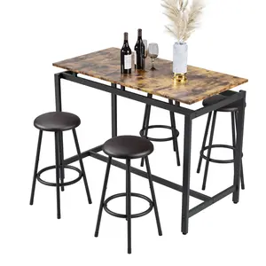 47.5*24*36 Inch Rustic Brown 5-Piece Dining Table Set, MDF Board Metal Frame Pub Height Dining Set with 4 Backless Stools, Space-Saving Scratch Resistant Easy Assembly Kitchen Dining Furniture