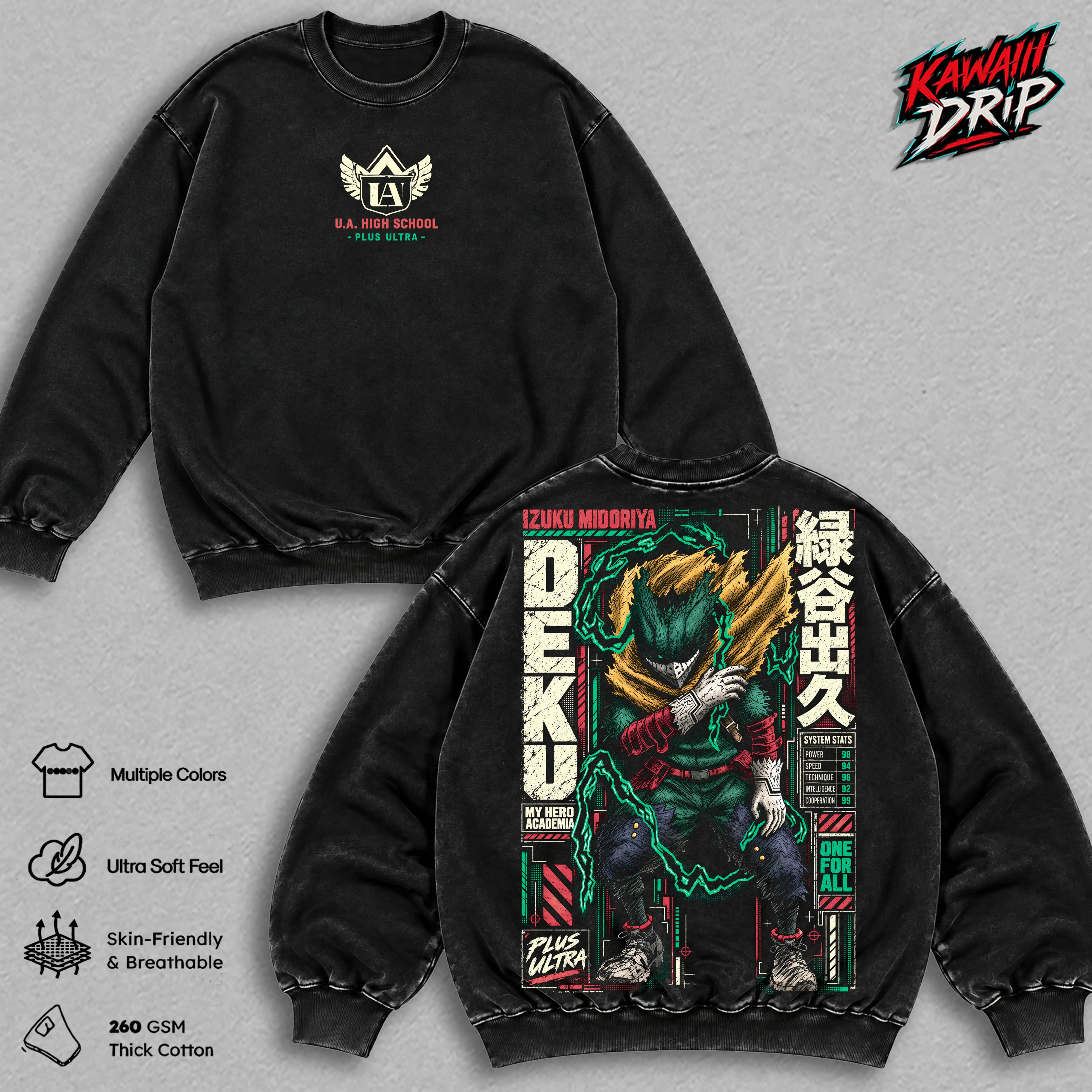 Izuku Midoriya Deku My Hero Academia Vintage Washed Sweatshirt - Dark Deku One For All Anime Graphic Print Oversized Shirt Men Streetwear Cotton Pullover Gift for MHA Fans
