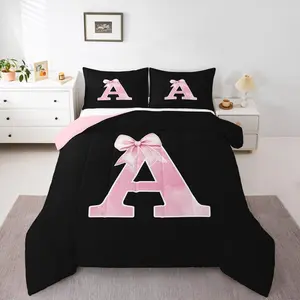 Kids Pink and Black Comforter Set,Teen Girl Monogrammed Bow Bedding Set,Personalized Initial A Quilt Duvet Set,Coquette Modern Fashion Bed Collections