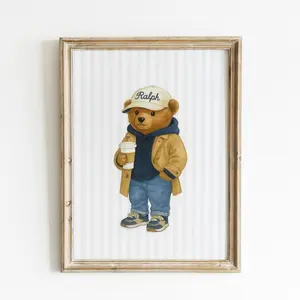 Preppy Coffee Bear Wall Art – Casual Kids Room Poster, Blue Stripes, Bathroom Decor, Dorm Room Art, Kids Room Decor, Nursery Decor