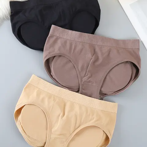Women's Basic Solid Color Underwear Sets - 3 Pcs Triangular Fake Butt Padded Breathable Butt-Lifting Tummy Control Panties, 151# Mix Colors Briefs, for Halloween, Wedding