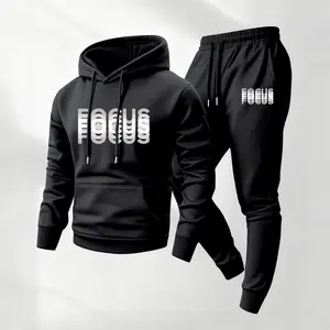 Men's Focus Letter Printed Hoodie and Drawstring Sweatpants Set, Menswear, Casual Athletic Long Sleeve Hooded Jacket & Trousers for Fall & Winter, Men's Clothing for Daily Wear, Sportswear Indoor Outdoor, Tracksuit, Athleisure Summer Clothes
