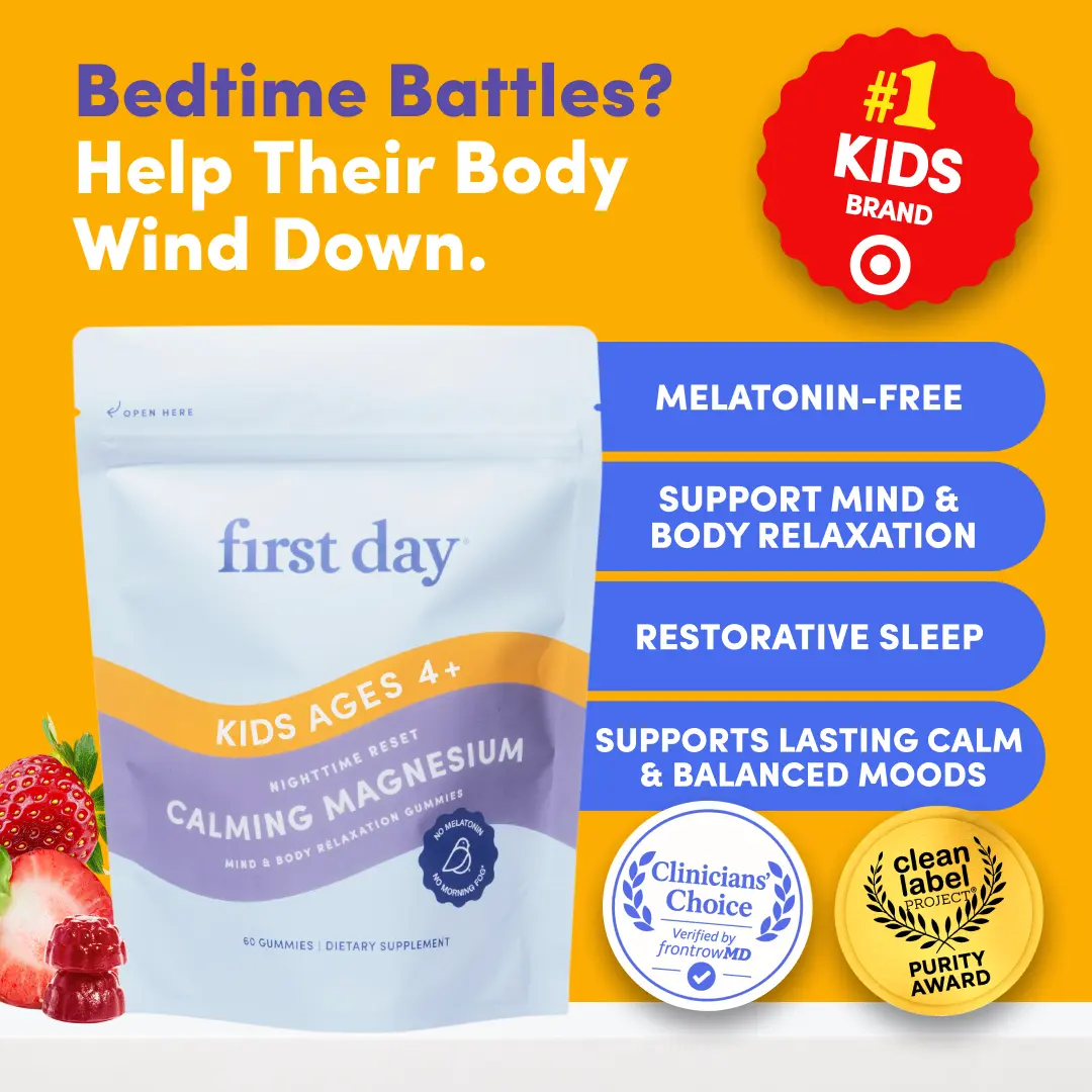 First Day Kids Calming Magnesium Gummies Ages 4-12, Natural Strawberry Flavor — Magnesium Citrate, Suntheanine — Calm, Relaxation, Restful Sleep, Stress Relief — No Melatonin, 30-Day Supply, Vegan, Non-GMO, No Junk