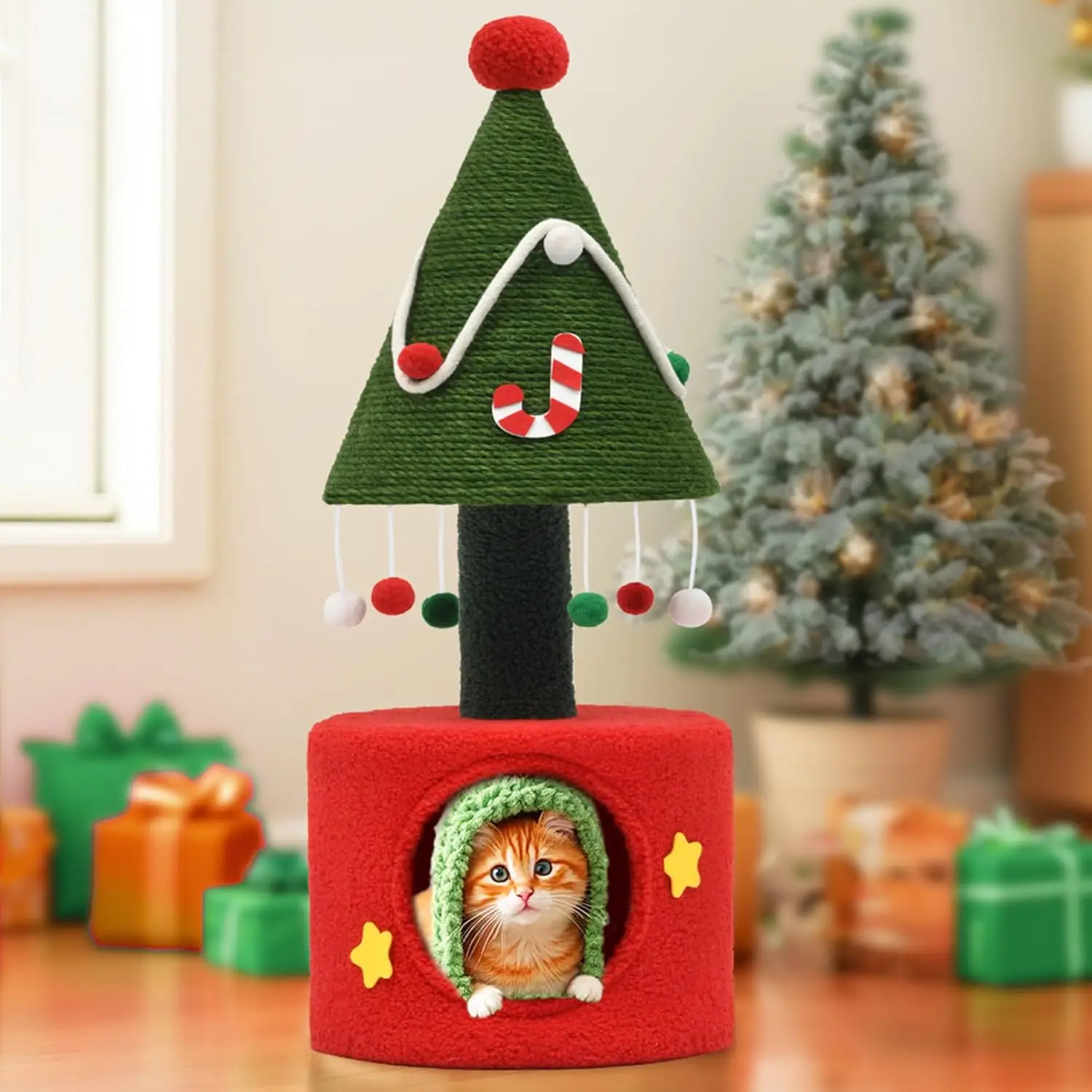 Yitahome Christmas Cat Tree Tower with Cat Scratching Post, 32 in Cute Cat Tree with Plush Hanging Ball, Cat Tower for Indoor Cats with Cat Condos