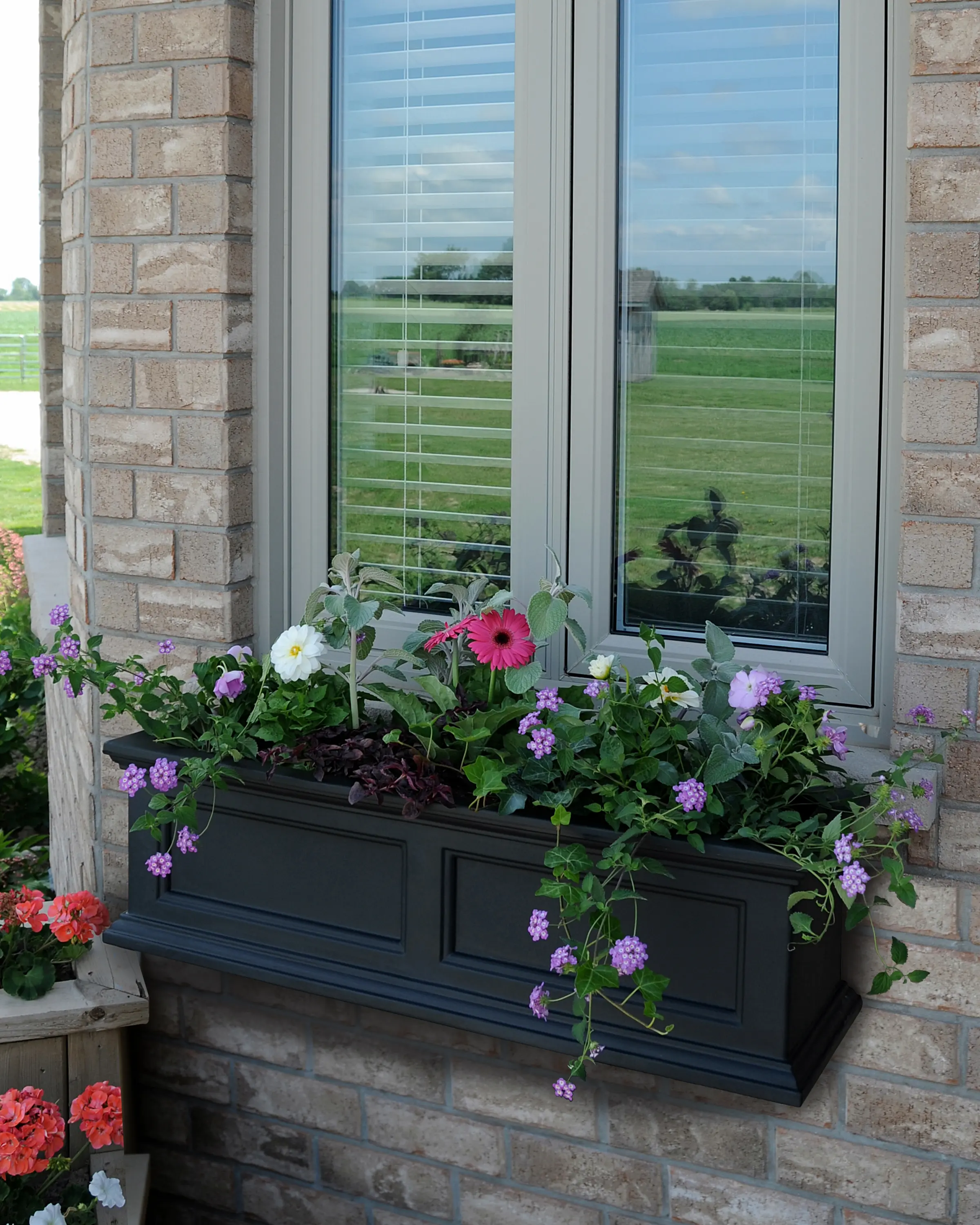 212 MAIN Fairfield Double-Wall Plastic Outdoor Window Box Flower Pot - Black Polyethylene, Built-In Sub-Irrigation Reservoir, New England Style, Wall Mounts, 32inL x 7.5inW x 8inD, 6.5gal, Supports Healthy Plant Growth, Flower Pots & Planters