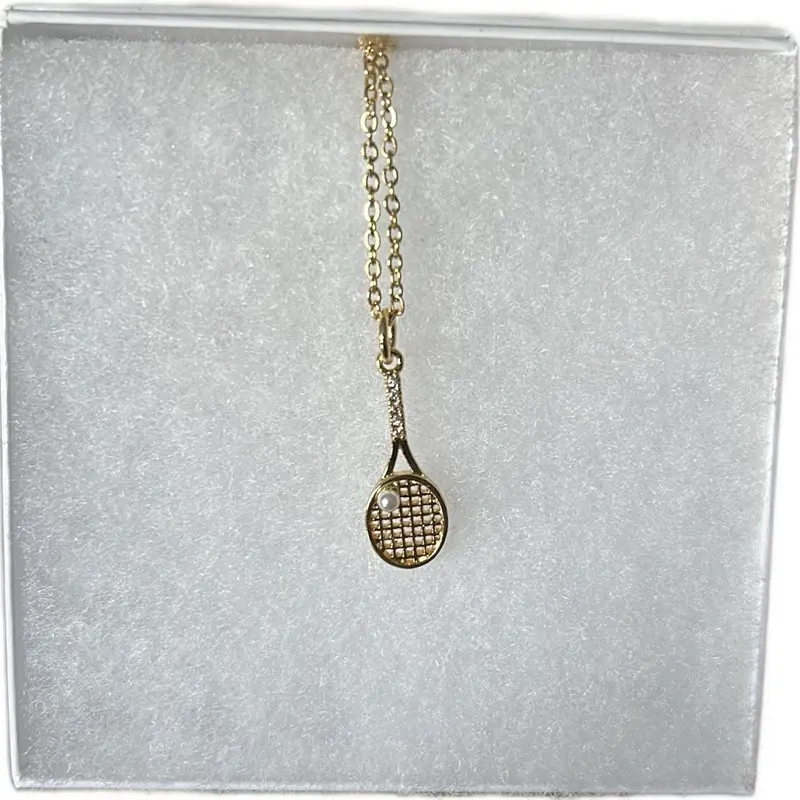 Tennis Racket Pendant Necklace with CZ Stones and Acrylic Pearl Tennis Ball on 18" Tarnish Resistant Stainless Steel Chain ~ Jewelry For You By Beck