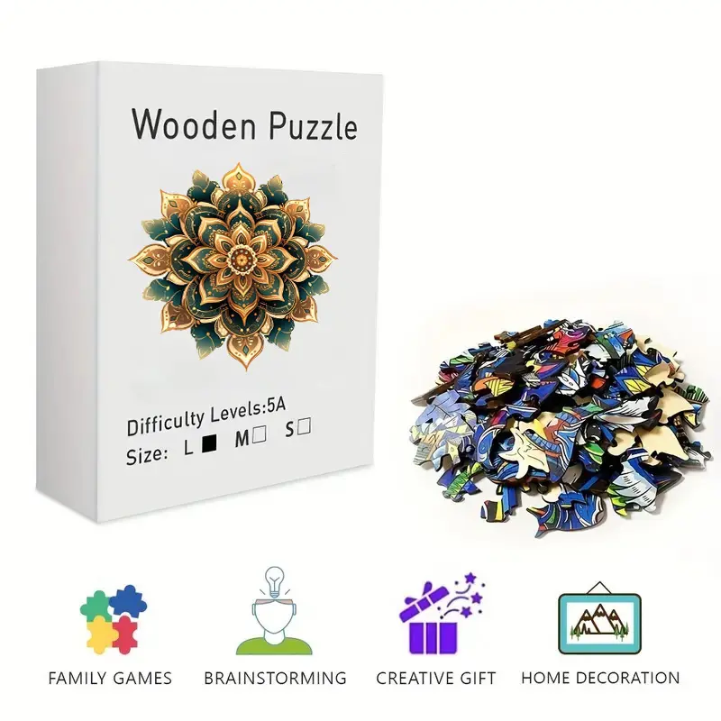 Elegant Teal & Gold Mandala Wooden Jigsaw Puzzle for Adults & Kids - Challenging Irregular Pieces, Ornate Floral Art Puzzle, Stress Relief Brain Teaser, Framable Wall Art & Home Decor