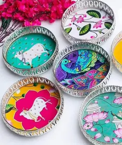 Ambos Jali Meena Serving Tray - 8" Pichwai Print Artisan Plates, Decorated Display Tray Plates for Kitchenware Use