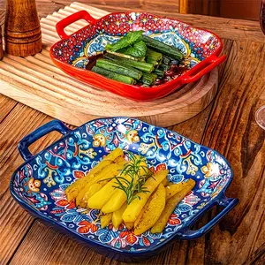 Bohemian Style Ceramic Pasta Bowls, Square, Handles, Creative Fruit and Pasta Dishes, Oven and Microwave Safe, Trendy Design, 2-Piece Set