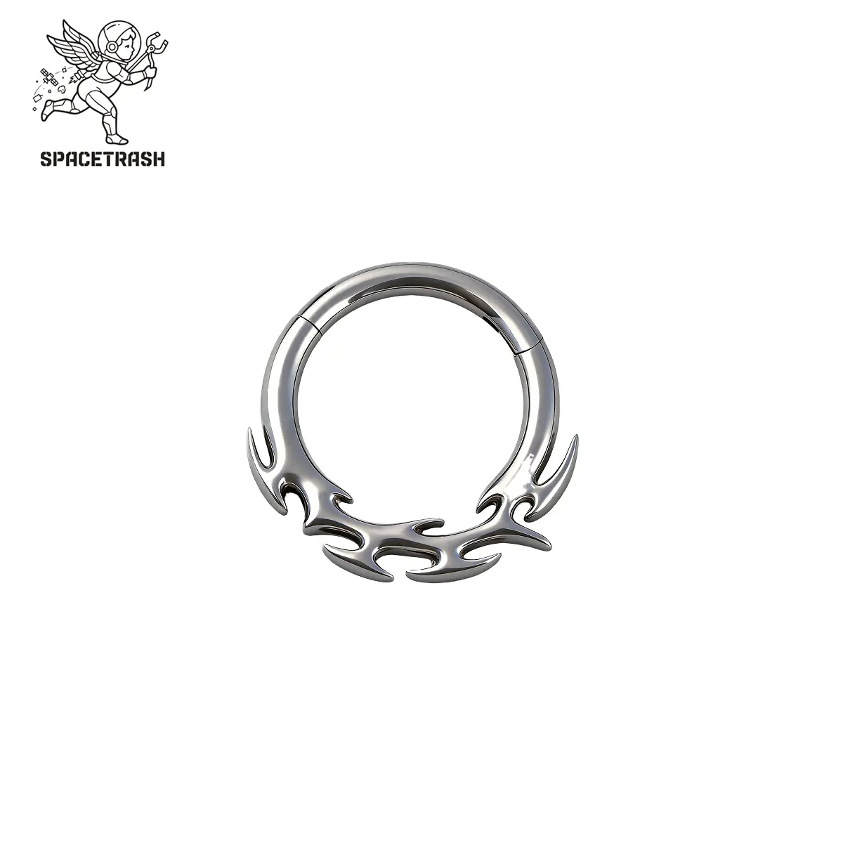 SPACETRASH Thorn Flame Clicker, Nose Ring, ASTM F136 G23 Titanium Hinged Segment Septum Hoop, 16G 8mm Inner Diameter, Punk Body Piercing Jewelry