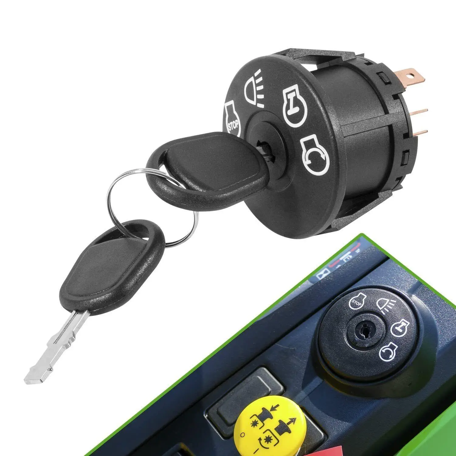 Starter Ignition Switch for John Deere X100 Series,X300 - Low Profile,4 Position Control,7 Terminal Wire,Headlight Ctrl,Plastic/Copper Construction w/2 Keys, Snap-In Switch
