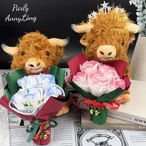1 set of Christmas Highland cow plush toys, with artificial rose bouquets, cute plush toys, home decorations, Stuffed Animal Gift, perfect Halloween, Christmas, Valentine's Day gifts for family and friends