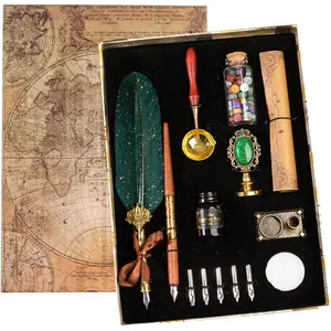 Quill Pen Ink Set, Include  Pen Ink Bottles, Calligraphy Dip Pen Nibs, Wax , Sealing Wax Spoon, Writing Paper, Pen Holder Stand,  Box, Christmas  for Men & Women