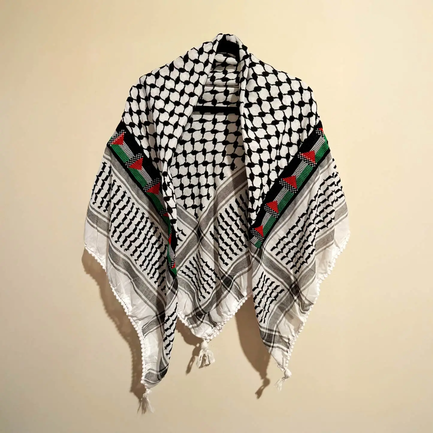 Palestinian Tatreez Keffiyeh Fashion Scarf, Handwoven Artisan Piece with Palestinian Flag, Lightweight Cotton, Approx. 47x47", Solidarity Wear Scarf Accessory