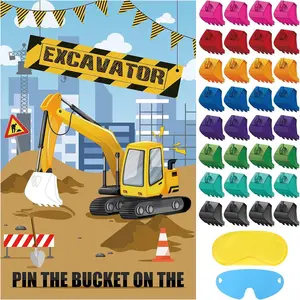 Pin The Bucket  The Excavator  with 32 count Buckets Large Construction Party  Poster for  Birthday Party Construction Party Supplies