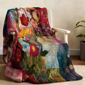 1 piece of retro parquet, floral print, flannel blanket, soft and comfortable bed blanket, sofa blanket, camping and other uses available all year round