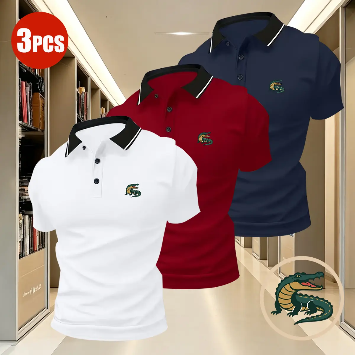3-pack men’s casual polo shirts; solid-color sports polo shirts with crocodile print; suitable for leisure outings and everyday office wear; machine washable; turn-down collar polo shirts
