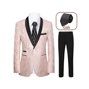 3pcs Men Floral Suit Blazer Tuxedo Pants Bow One Button Shawl Collar for Holiday Performance Cocktail Prom Party Chic Elegant Men Formal Clothing Attire