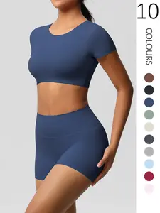 Two-Piece Set Women's Solid Ribbed Crop Top & High Waist Shorts Tracksuit Set, Fitness Outfits, Workout Running Clothes, Breathable Comfortable Seamless for Yoga Gym Workout Running, Ladies Sportswear for All Seasons