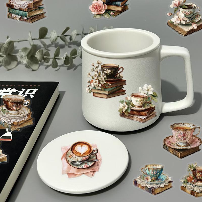 50pcs Retro Artistic Coffee Watercolor Tea Cup Old Book Floral Transparent PET Material Graffiti Stickers Suitable for Suitcases, Phone Cases, Laptops, Helmets, Skateboards Waterproof Decoration DIY Creative Stickers