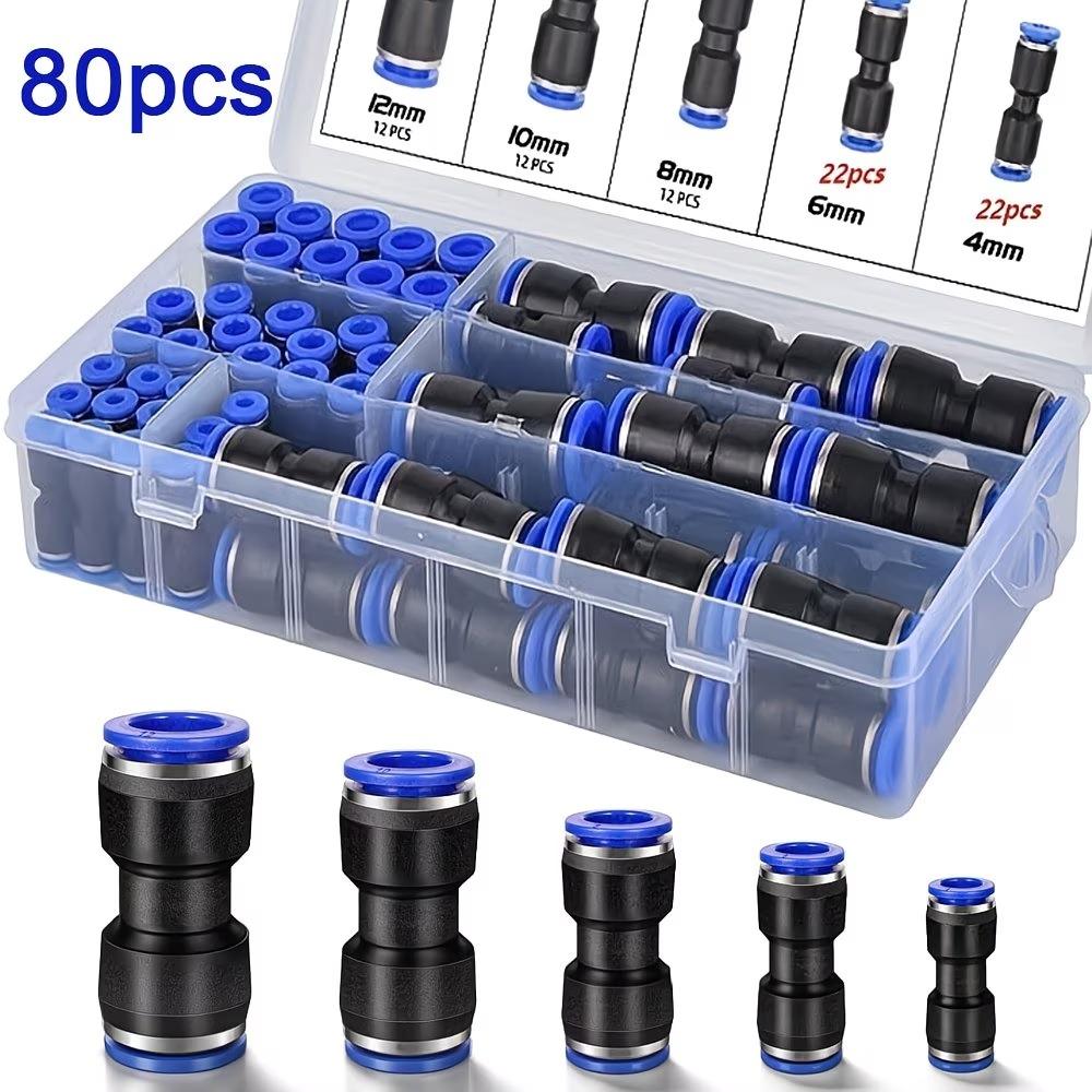 Pack of 80 Quick Connect Air Hose Fittings – Pneumatic Push to Connect Fitting Kit, Air Line Connectors, Push-In Fittings, Universal Quick Release Air Fittings Assortment