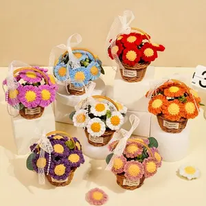 Handmade Knitted Sunflower Basket, 1 Count Basket with Pearl Chain, Decorative Flower Basket for Home Party Wedding, Gift for Mom, Graduation Gift