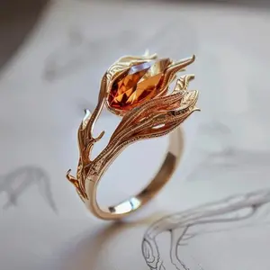 Unique Charm Gloss Phoenix’s Orange Crystal rings for women Exquisite Showy Antique Gold Craftsm Couple's Ring Banquet Jewelry