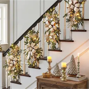 2025 Cordless Christmas Swags Prelit Teardrop Swag Christmas Staircase Decorations Artificial Stairs Christmas Garland with Lights Rustic Christmas Swag for Front Door Wall Window Stair Home Decor (B)