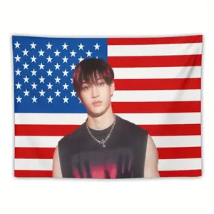 60in x 40in   funny tapestry poster home decor banner Stray Band Youngsters Bang Singer Chan American Flag Wall Tapestry - Patriotic Music-Themed Microfiber Knit Fabric Art, Transverse Hanging Home Decor for Living Room, Bedroom, Dorm