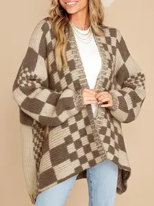 Womens Checkered Sweater Color Block Plaid Cardigans Oversized Long Sleeve Knit Open Front Coats