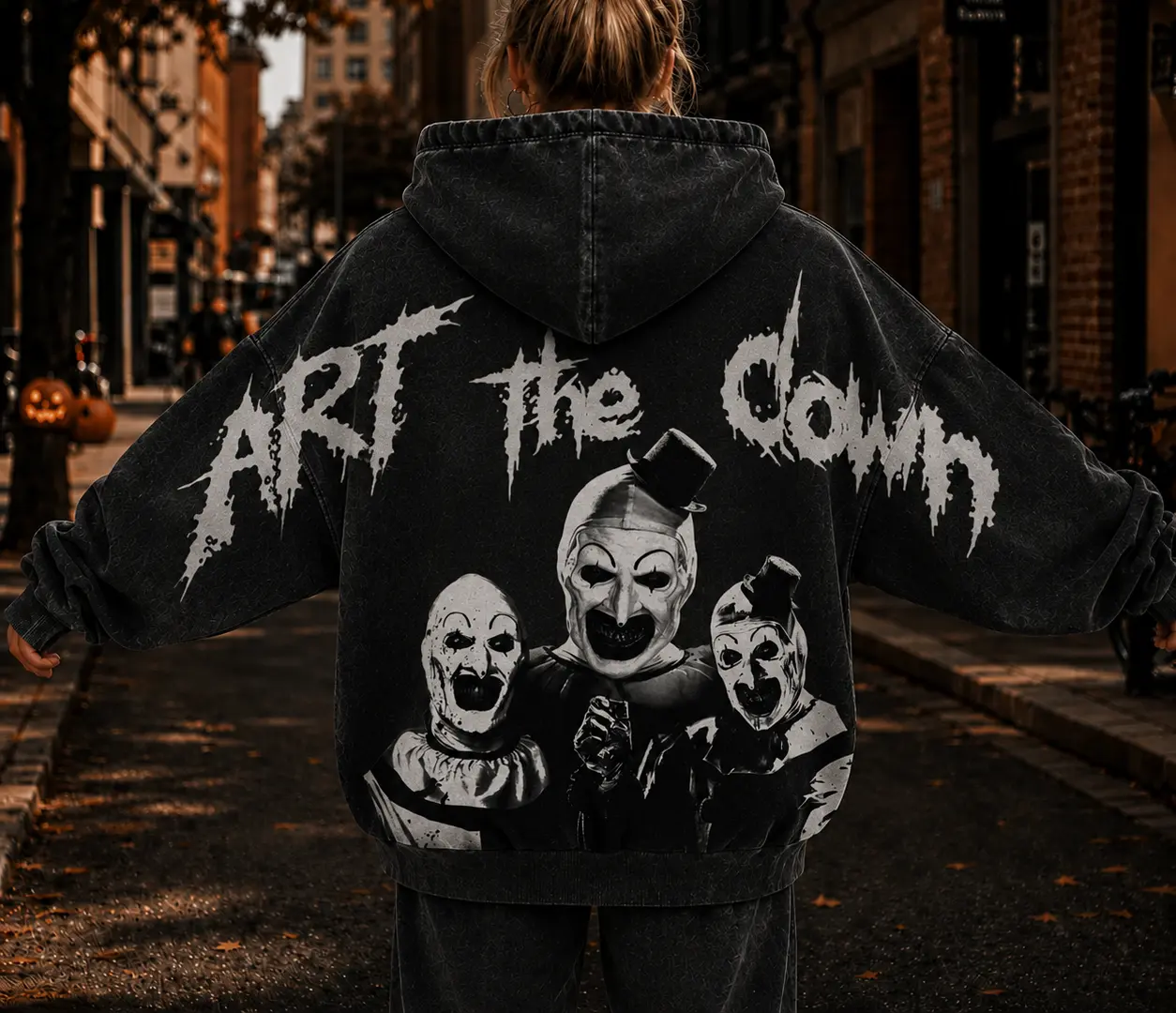 Art the Clown Washed Hoodie, Vintage Horror Graphic Hoodie, Terrifier Inspired Oversized Halloween Sweatshirt, Distressed Black Streetwear, Scary Movie Fan Gift