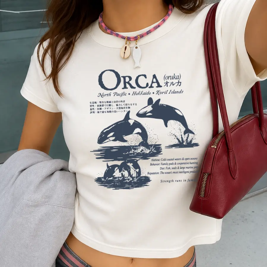 Women's Orca Y2K Baby Tee - Killer Whale Print, Japanese Marine Biology Themed, Coastal Whale Lover Gift