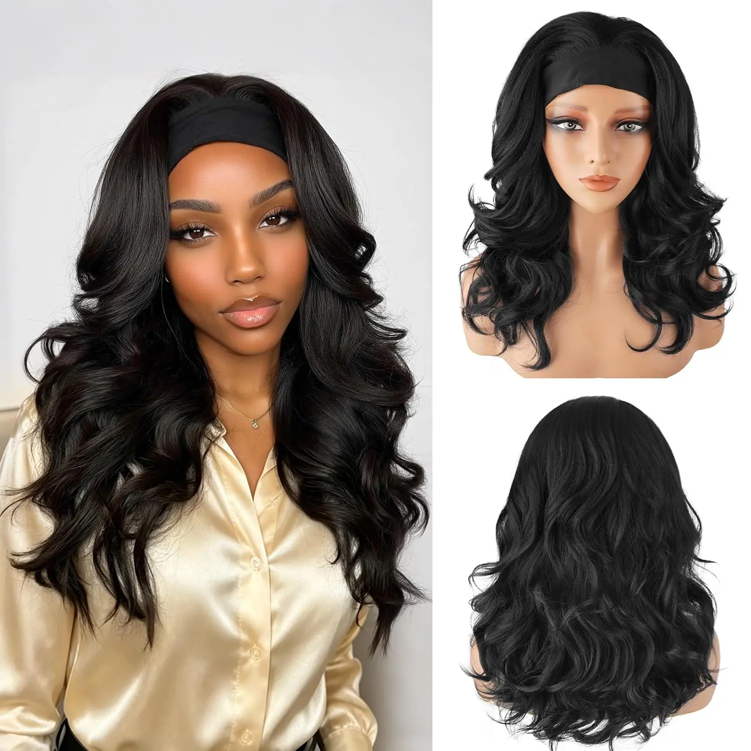 Vynexi Glueless Headband Wig for Black Women - 18in Wear-and-Go Body Wave Heat-Resistant Synthetic Full Machine Wig, Middle Part for Daily Wear, Headband Wigs, Body Wave Wig