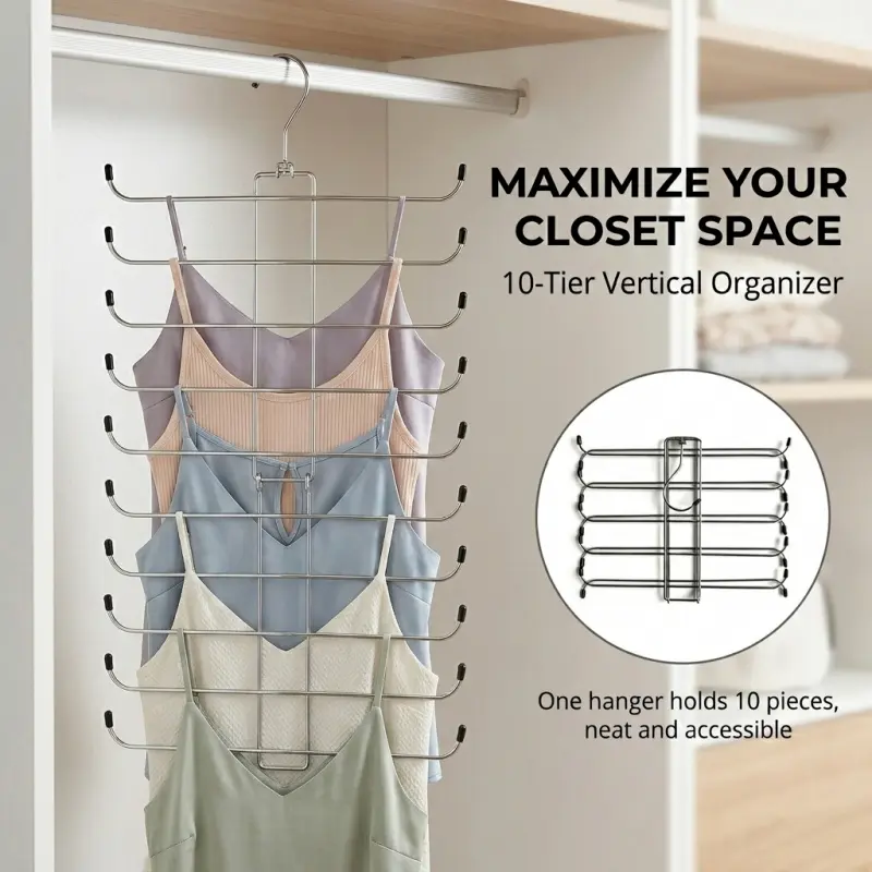 10-Tier Vertical Hanger Organizer, Multi-Layer Metal Closet Storage Rack, Non-Slip Space-Saving Hanger for Camisoles, Bras and Tank Tops