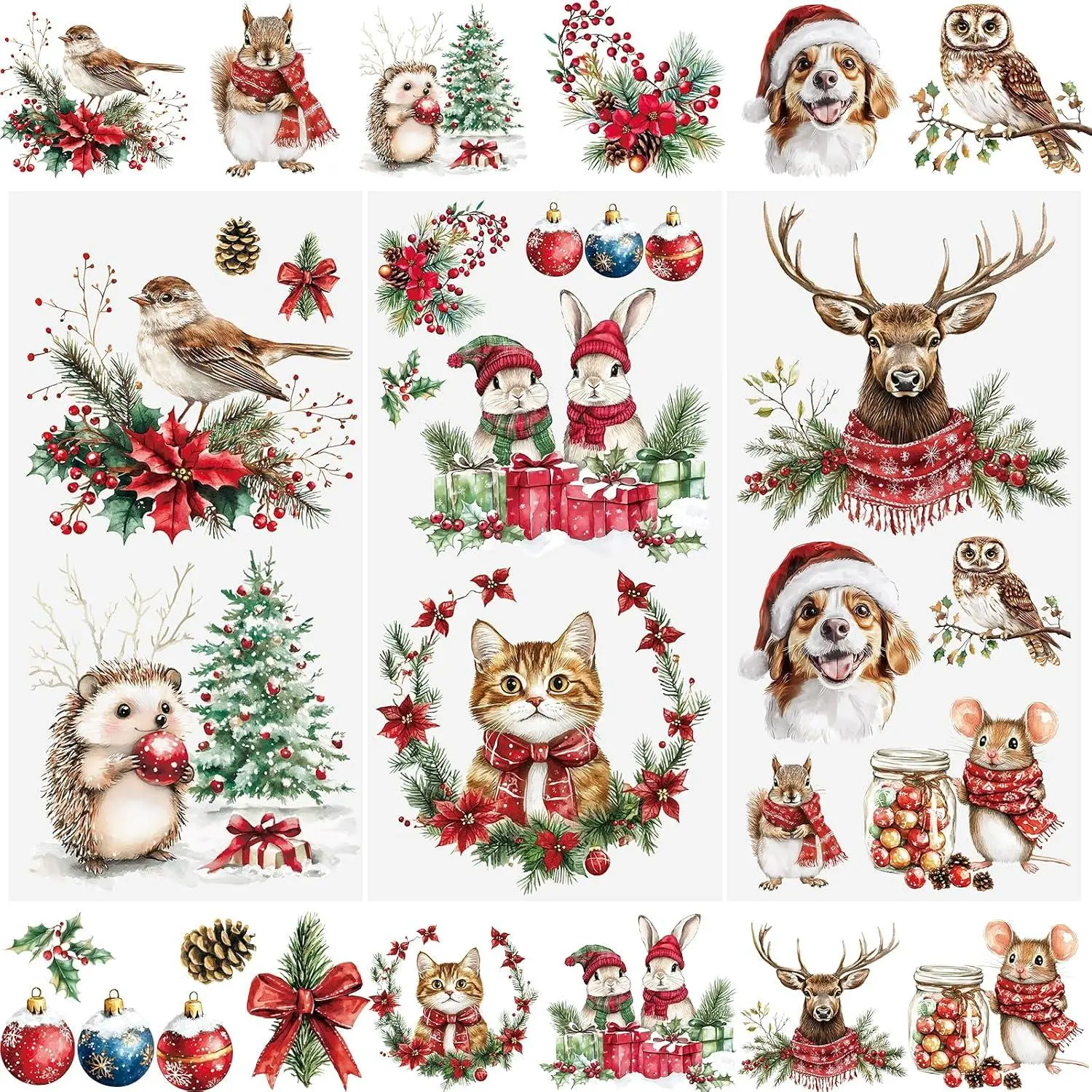 3 Sheets Cute Christmas Rub on Transfer Stickers,Moose Window Decals Christmas Tree Scrapbook Stickers Berries Cup Decals Decoupage Paper for Furniture,15 * 30cm