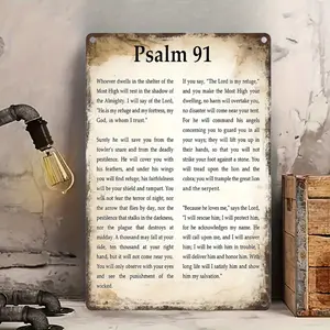 Vintage Psalm 91 Metal Wall Art Sign - Rustic Tin Plaque with Inspirational Bible Verse, 12x8 Inch (30. 48x20.. 32cm) Classic Wall-Mounted Decor for Home, Bar, Cafe, Garage & Restaurant - No Electricity Needed, Cafe Decoration, Distressed Design, Weathere